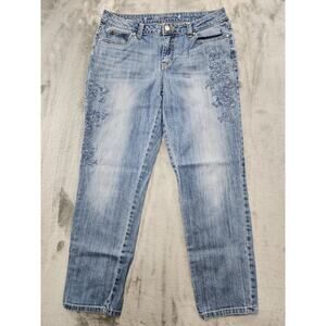 Jennifer Lopez Mid Rise Crop Boyfriend Jeans Size 4 Blue Embroidered Stretch